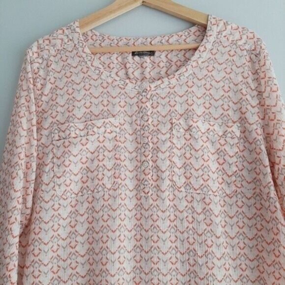 EDDIE BAUER \ Light Seersucker Blouse Top Pink Salmon & Cream Sz L - Picture 3 of 7